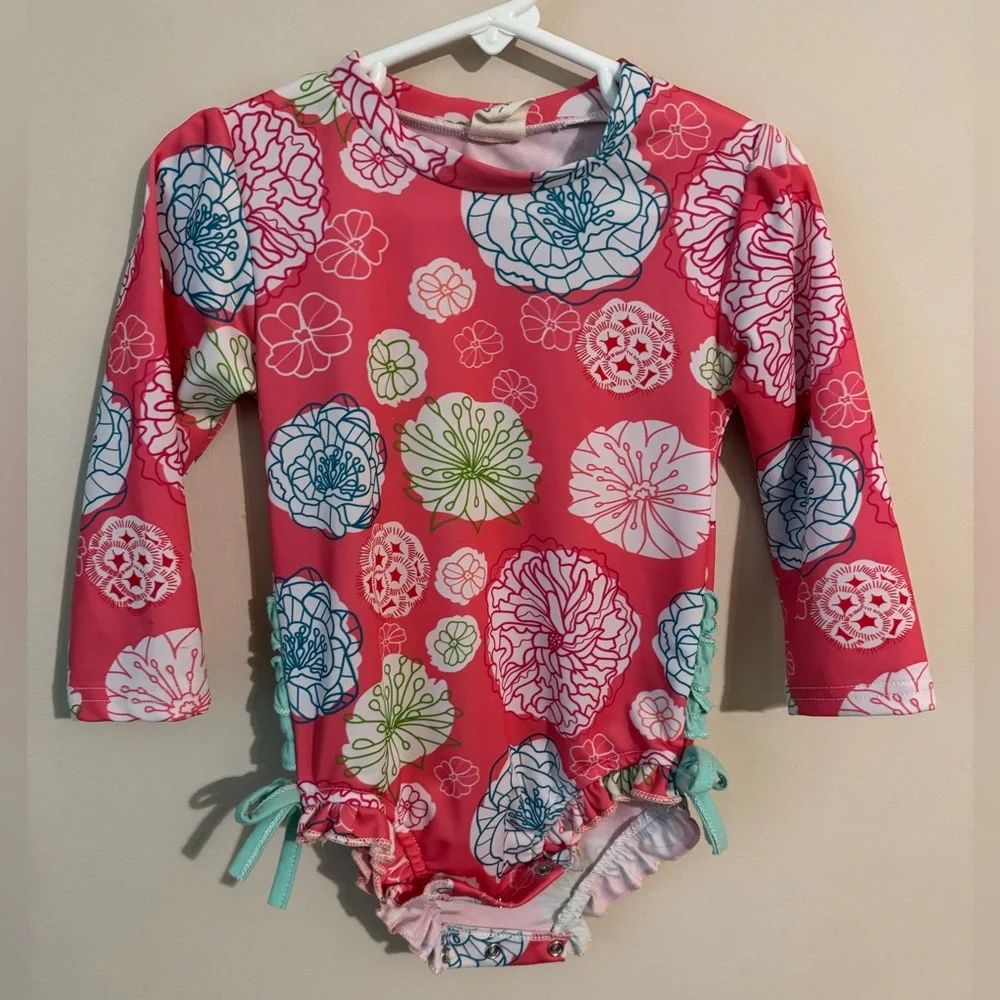 Baby Girl (9-12 mth) Pink Floral Long Sleeve 1 Piece Bathing Swimsuit Rash Guard